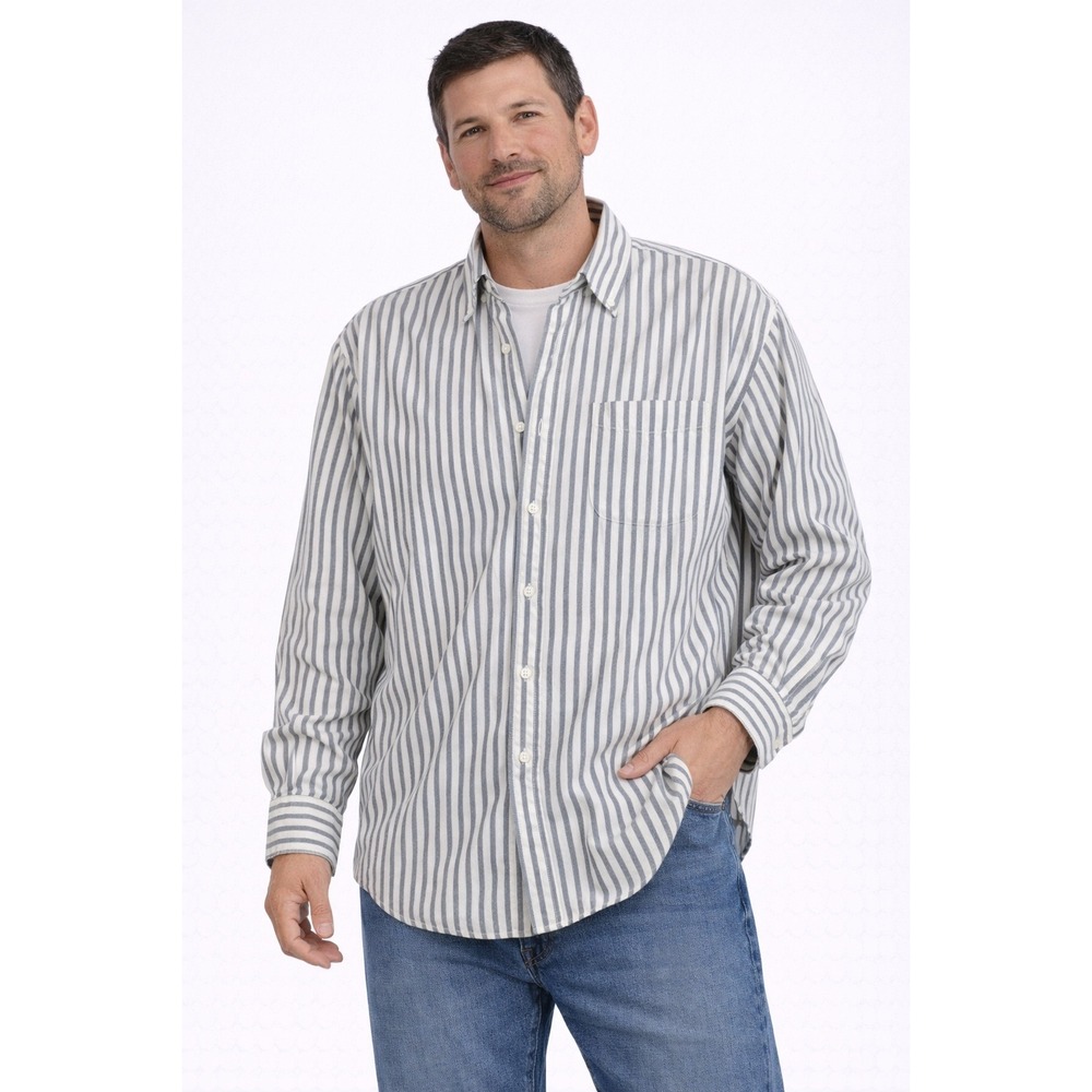LL Bean Button Down Shirt Mens 17.5 34 Blue Striped Cotton Long Sleeve Preppy